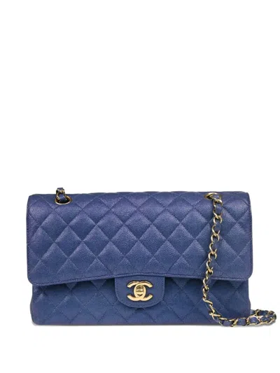 Pre-owned Chanel 2019 Medium Double Flap Calfskin Quilted Shoulder Bag In Blue