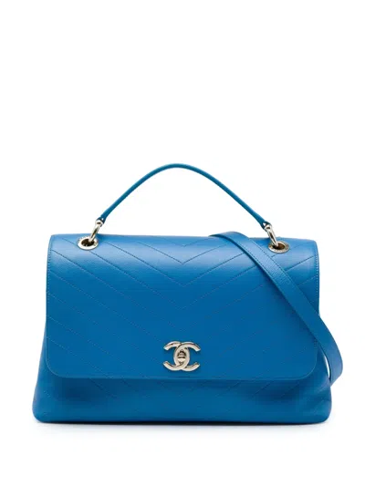 Pre-owned Chanel 2019 Medium Grained Calfskin Chevron Chic Top Handle Flap Satchel In Blue