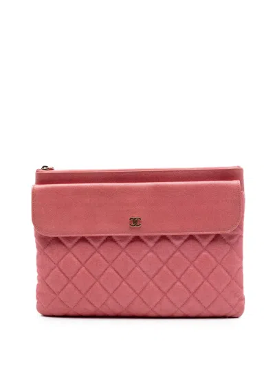Pre-owned Chanel 2019 Medium Iridescent Quilted Caviar Flap Cosmetic Case Clutch Bag In Pink