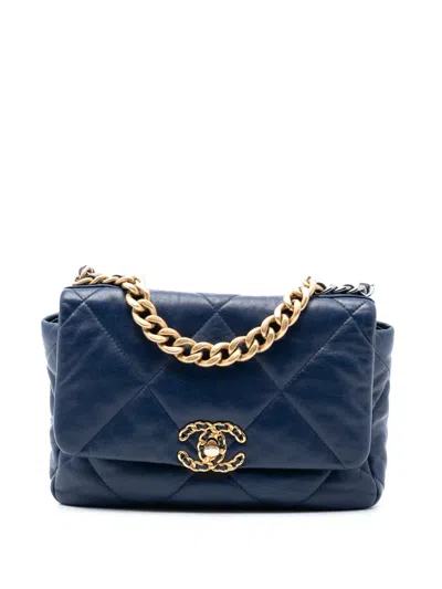 Pre-owned Chanel 2019 Medium Lambskin 19 Flap Satchel In Blue