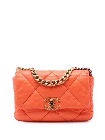 Pre-owned Chanel 2019 Medium Lambskin 19 Flap Satchel In Orange