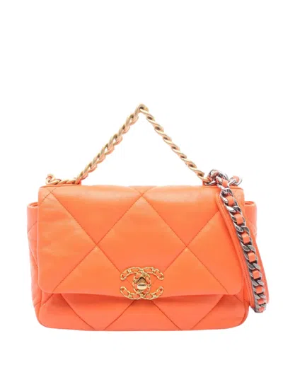 Pre-owned Chanel 2019 Medium Lambskin 19 Flap Satchel In Orange
