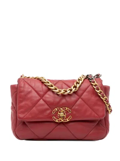 Pre-owned Chanel 2019 Medium Lambskin 19 Flap Satchel In Red