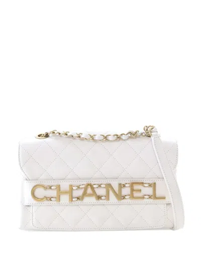 Pre-owned Chanel 2019 Medium Quilted Calfskin Logo Enchained Flap Crossbody Bag In White