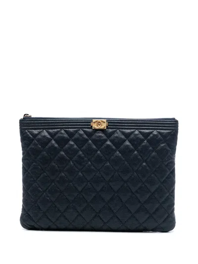 Pre-owned Chanel 2019 Medium Quilted Caviar Boy O Case Clutch Bag In Blue