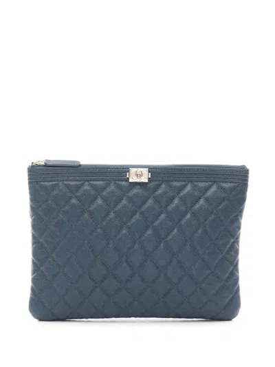 Pre-owned Chanel 2019 Medium Quilted Caviar Boy O Case Clutch Bag In Blue