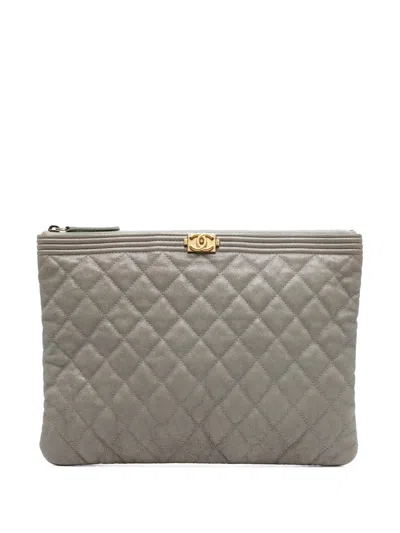 Pre-owned Chanel 2019 Medium Quilted Caviar Boy O Case Clutch Bag In Gray