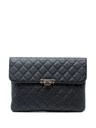 Pre-owned Chanel 2019 Medium Quilted Caviar Golden Class O Case Clutch Bag In Black