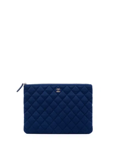 Pre-owned Chanel 2019 Medium Quilted Jersey O Case Clutch Bag In Blue