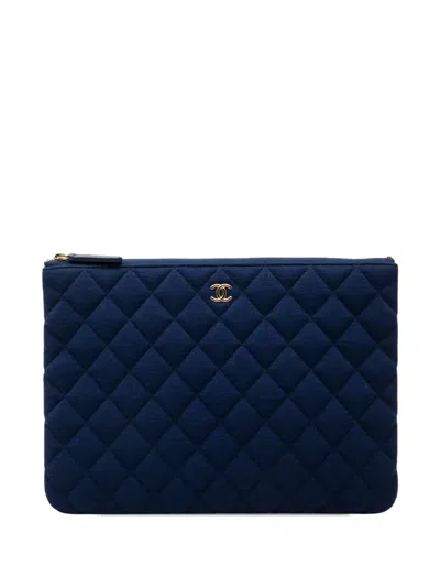 Pre-owned Chanel 2019 Medium Quilted Jersey O Case Clutch Bag In Blue