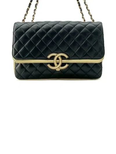 Pre-owned Chanel 2019 Medium Quilted Metallic Lambskin Cc Chic Double Flap Shoulder Bag In Black