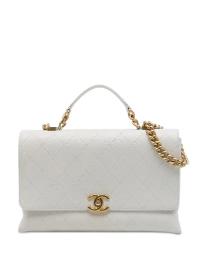 Pre-owned Chanel 2019 Medium Stitched Caviar Chic Affinity Top Handle Bag Satchel In White
