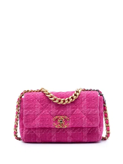 Pre-owned Chanel 2019 Medium Tweed 19 Flap Satchel In Pink