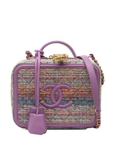 Pre-owned Chanel 2019 Medium Tweed Cc Filigree Vanity Case Satchel In Purple