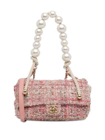 Pre-owned Chanel 2019 Medium Tweed Large Pearl Handle Flap Satchel In Pink