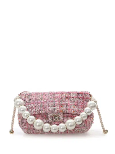 Pre-owned Chanel 2019 Medium Tweed Large Pearl Handle Flap Satchel In Pink
