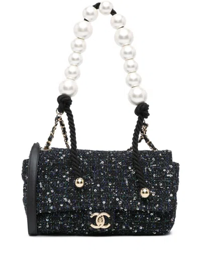Pre-owned Chanel 2019 Medium Tweed Pearl Handle Flap Satchel In Blue