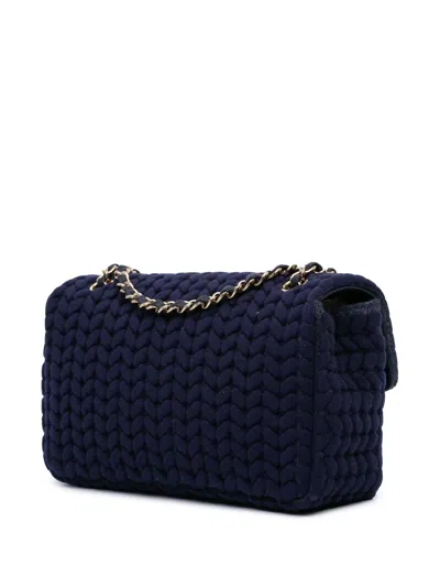 Pre-owned Chanel 2019 Medium Woven Jersey Single Flap Shoulder Bag In Blue