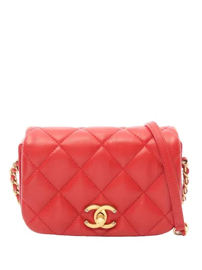 Pre-owned Chanel 2019 Mini Cc Quilted Lambskin Clutch With Pearl Chain Satchel In Red