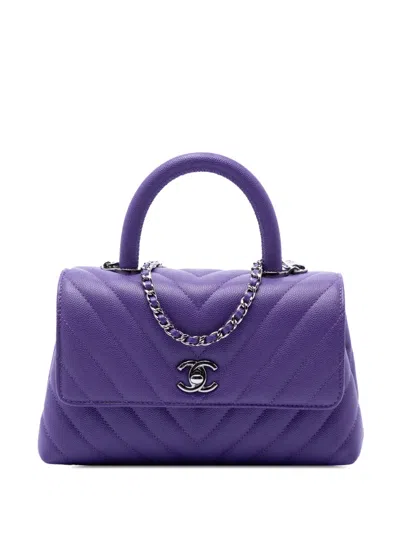 Pre-owned Chanel 2019 Mini Chevron Caviar Coco Top Handle Bag Satchel In Purple