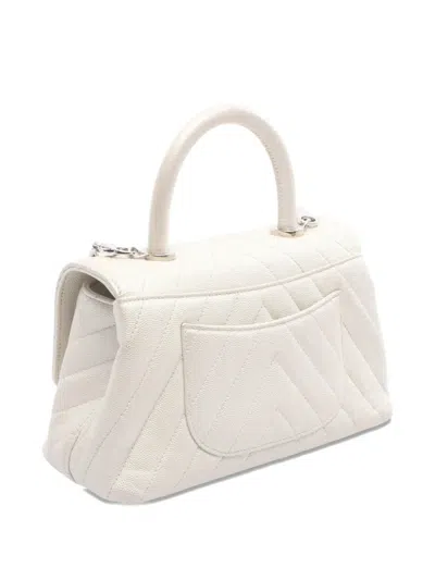 Pre-owned Chanel 2019 Mini Chevron Caviar Coco Top Handle Bag Satchel In White