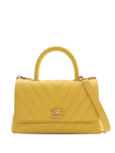 Pre-owned Chanel 2019 Mini Chevron Caviar Coco Top Handle Bag Satchel In Yellow