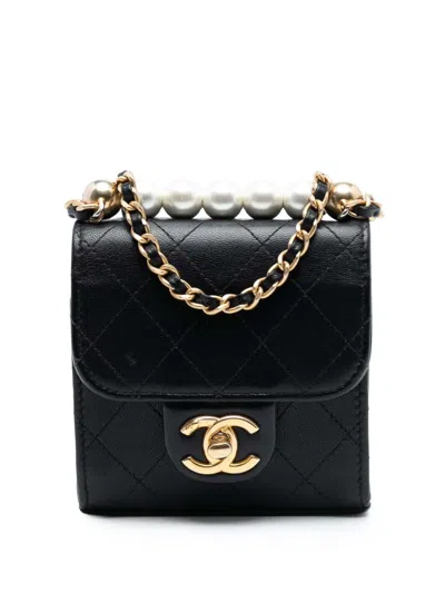 Pre-owned Chanel 2019 Mini Goatskin Chic Pearls Clutch On Chain Crossbody Bag In Black
