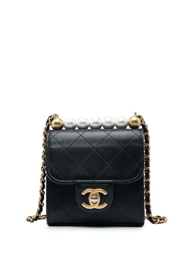Pre-owned Chanel 2019 Mini Goatskin Chic Pearls Clutch On Chain Crossbody Bag In Black