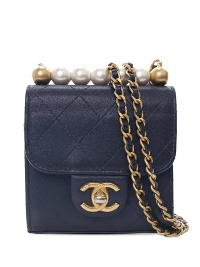 Pre-owned Chanel 2019 Mini Goatskin Chic Pearls Clutch On Chain Crossbody Bag In Blue