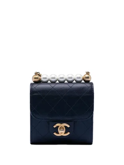 Pre-owned Chanel 2019 Mini Goatskin Chic Pearls Clutch On Chain Crossbody Bag In Blue