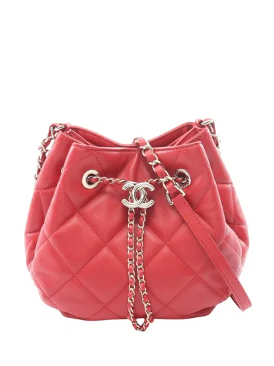 Pre-owned Chanel 2019 Mini Lambskin Cc Dweller Drawstring Bucket Bag In Red