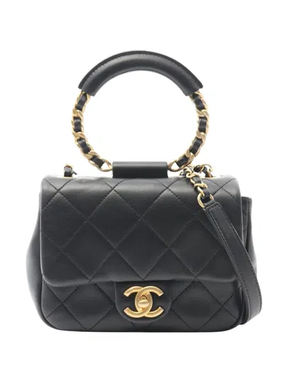 Pre-owned Chanel 2019 Mini Lambskin In The Loop Flap Satchel In Black