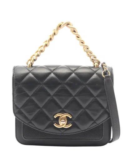 Pre-owned Chanel 2019 Mini Quilted Aged Calfskin And Caviar Chain Handle Flap Satchel In Black