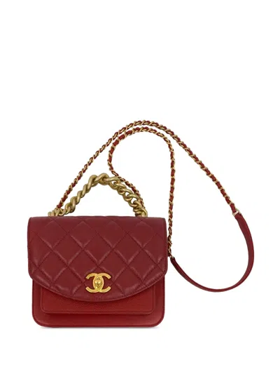 Pre-owned Chanel 2019 Mini Quilted Calfskin And Caviar Chain Handle Flap Satchel In Red