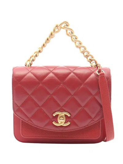 Pre-owned Chanel 2019 Mini Quilted Calfskin And Caviar Chain Handle Flap Satchel In Red
