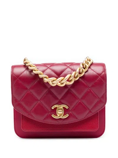 Pre-owned Chanel 2019 Mini Quilted Calfskin And Caviar Chain Handle Flap Satchel In Red