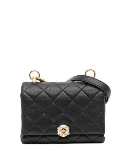 Pre-owned Chanel 2019 Mini Quilted Calfskin Pearl Cc Accordion Flap Crossbody Bag In Black