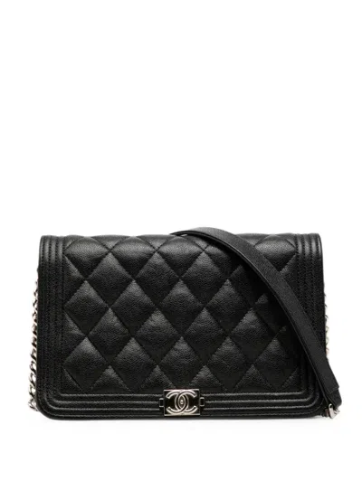 Pre-owned Chanel 2019 Mini Quilted Caviar Boy Wallet On Chain Crossbody Bag In Black