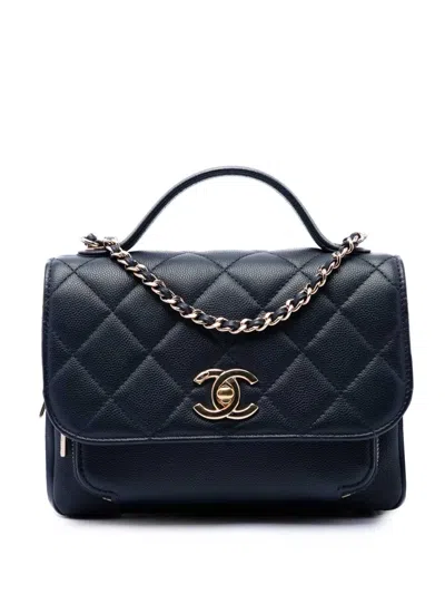 Pre-owned Chanel 2019 Mini Quilted Caviar Business Affinity Top Handle Flap Satchel In Blue