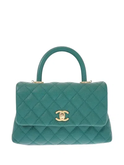 Pre-owned Chanel 2019 Mini Quilted Caviar Coco Top Handle Bag Satchel In Green