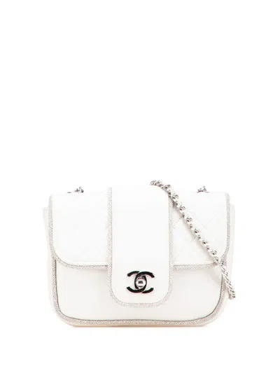 Pre-owned Chanel 2019 Mini Quilted Lambskin And Metallic Trim Elementary Chic Flap Crossbody Bag In White