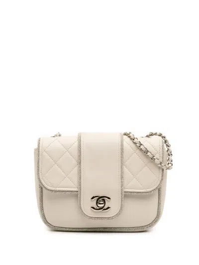 Pre-owned Chanel 2019 Mini Quilted Lambskin And Metallic Trim Elementary Chic Flap Crossbody Bag In White