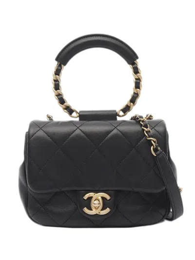 Pre-owned Chanel 2019 Mini Quilted Lambskin In The Loop Flap Bag Satchel In Black