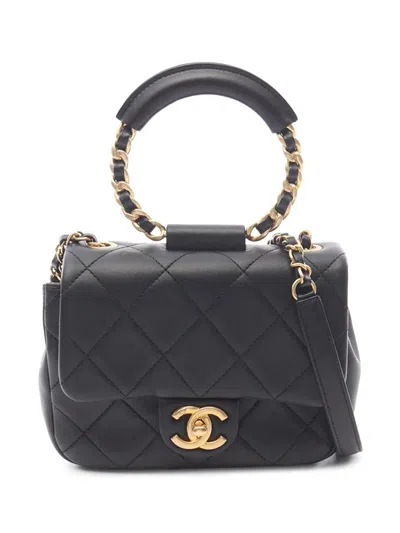Pre-owned Chanel 2019 Mini Quilted Lambskin In The Loop Flap Satchel In Black
