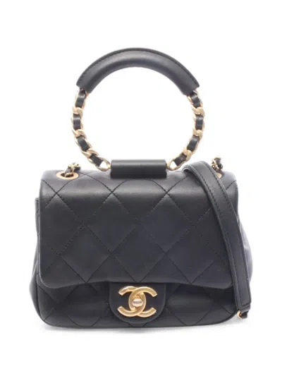 Pre-owned Chanel 2019 Mini Quilted Lambskin In The Loop Flap Satchel In Black