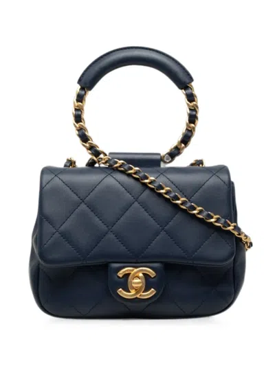 Pre-owned Chanel 2019 Mini Quilted Lambskin In The Loop Flap Satchel In Blue