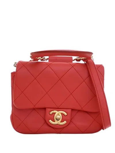 Pre-owned Chanel 2019 Mini Quilted Lambskin In The Loop Flap Satchel In Red