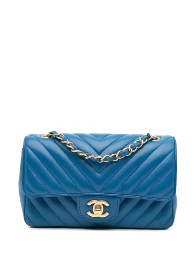Pre-owned Chanel 2019 Mini Rectangular Classic Chevron Lambskin Single Flap Crossbody Bag In Blue