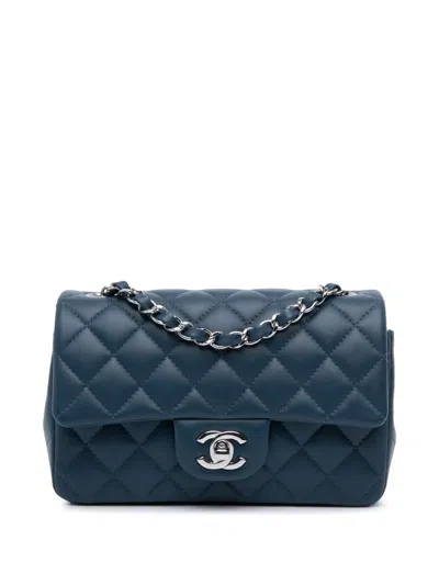 Pre-owned Chanel 2019 Mini Rectangular Classic Lambskin Single Flap Crossbody Bag In Blue