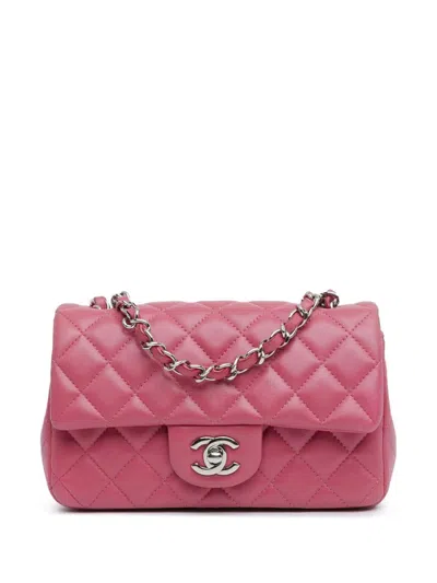 Pre owned Chanel 2019 Mini Rectangular Classic Lambskin Single Flap Crossbody Bag In Pink ModeSens